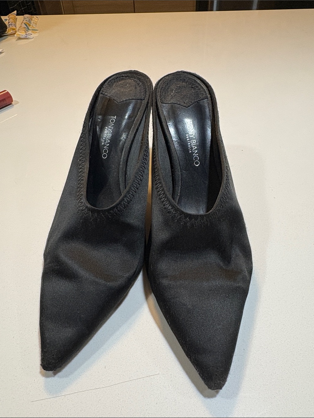 Tony Bianco Black Satin Pointed Mule Pumps